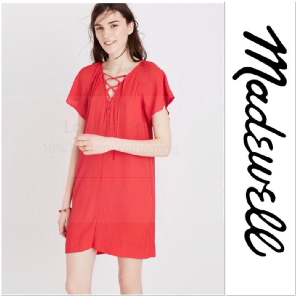 Madewell red dress with lace-up neckline